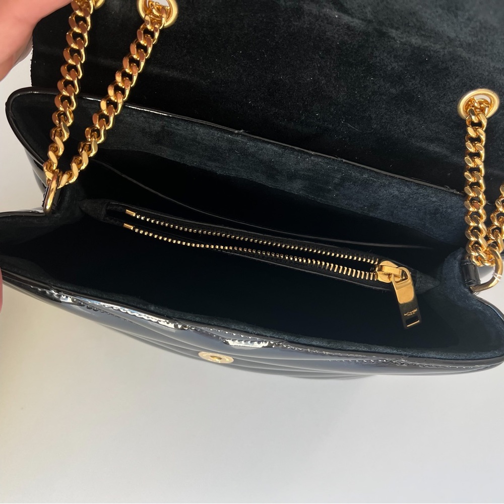 Saint Laurent (YSL) Black and Gold Patent Shoulder Bag -Worn 1X - Picture 13 of 16